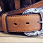 36in. JUSTIN FENCED IN WESTERN LEATHER MEN BELT - BROWN SILVER ENGRAVED BUCKLE