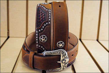 32 inch JUSTIN TEXAS ALL STAR TOOLED WESTERN LEATHER MAN BELT BROWN