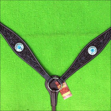 HILASON WESTERN LEATHER HORSE BREAST COLLAR BROWN TURQUOISE BLING CONCHO
