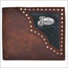JUSTIN BROWN DISTRESSED LEATHER TRIM WESTERN RODEO MENS WALLET W/ BLACK INLAY