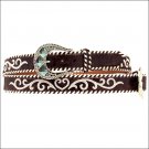 XLARGE 1 1/2" M&F WESTERN BROWN LEATHER WHITE STITCHED NOCONA BELT FLORAL BUCKLE