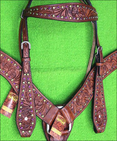 M256 HILASON WESTERN LEATHER HORSE BRIDLE HEADSTALL BREAST COLLAR MAHOGANY