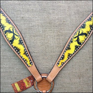 HILASON WESTERN LEATHER HORSE BREAST COLLAR YELLOW BLACK CROSS GUN