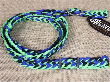 WEAVER LIME BLUE BLACK BRAIDED NYLON BARREL HORSE REINS NICKEL PLATED BUCKLE
