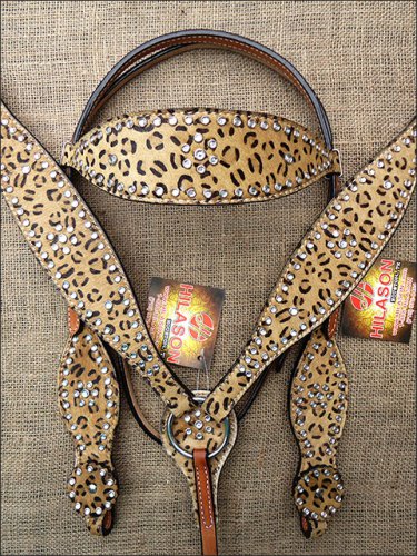 HILASON WESTERN EXOTIC CHEETAH HAIR ON LEATHER HORSE HEADSTALL BREAST COLLAR