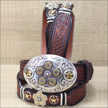 34" SILVER CREEK TEXAS SECURITY LEATHER MEN BELT LOADED REVOLVER DESIGN BUCKLE