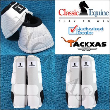 SMALL WHITE CLASSIC EQUINE FRONT REAR LEGACY SPORTS HORSE LEG NO TURN BELL BOOTS