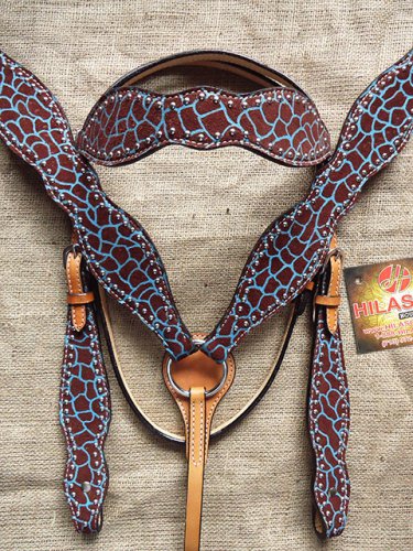 HILASON WESTERN LEATHER HORSE BRIDLE HEADSTALL BREAST COLLAR GIRAFFE TURQUOISE
