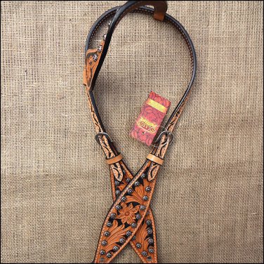 V1 HILASON WESTERN LEATHER HORSE ONE EAR HEADSTALL BRIDLE TAN BLACK