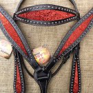 HILASON WESTERN LEATHER HORSE HEADSTALL BREAST COLLAR BLACK W/ RED GLITTER INLAY