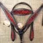 HILASON WESTERN LEATHER HORSE HEADSTALL BREAST COLLAR BLACK W/ RED GLITTER INLAY