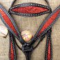 HILASON WESTERN LEATHER HORSE HEADSTALL BREAST COLLAR BLACK W/ RED GLITTER INLAY