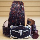 44 inch JUSTIN CLASSIC WESTERN GENUINE LEATHER MEN BELT LONGHORN BUCKLE BROWN