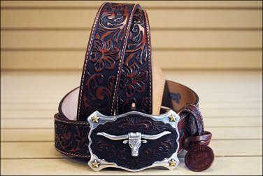 44 inch JUSTIN CLASSIC WESTERN GENUINE LEATHER MEN BELT LONGHORN BUCKLE BROWN