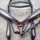 HILASON WESTERN HORSE HEADSTALL BREAST COLLAR BROWN TURQUOISE CROCODILE LEATHER