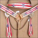 WESTERN LEATHER HORSE BRIDLE HEADSTALL BREAST COLLAR HAND PAINT AMERICAN FLAG