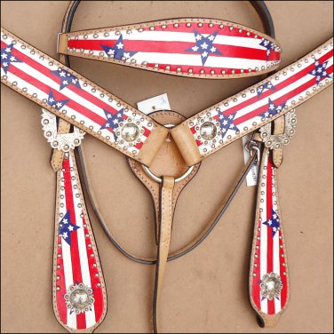 WESTERN LEATHER HORSE BRIDLE HEADSTALL BREAST COLLAR HAND PAINT AMERICAN FLAG