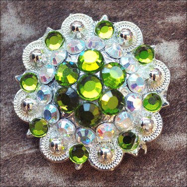 SET OF 2 PERIDOT GREEN AB CRYSTAL 1-1/4in BERRY CONCHO RHINESTONE SADDLE TACK
