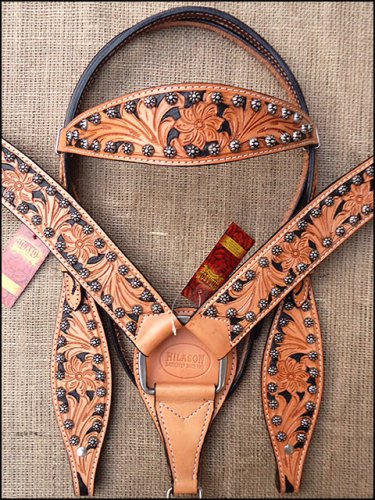 HILASON WESTERN LEATHER HORSE HEADSTALL BREAST COLLAR TAN BLACK HAND PAINT
