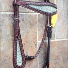 S463 HILASON WESTERN HORSE BRIDLE HEADSTALL BROWN w/ TURQUOISE CROCODILE LEATHER