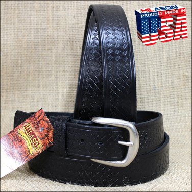 44IN. BLACK 1.5in CASUAL LEATHER BELT EMBOSSED BASKET DESIGN MADE IN USA