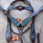 WESTERN LEATHER HORSE HEADSTALL BRIDLE BREAST COLLAR TURQUOISE FLORAL ANTIQUE