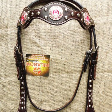 S - HILASON WESTERN LEATHER HORSE BRIDLE HEADSTALL DARK BROWN W/ PINK CONCHOS