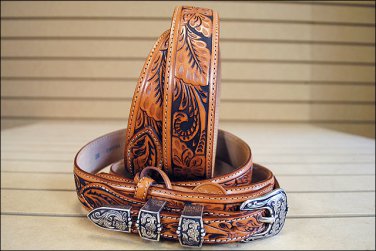 TONY LAMA FLORAL TOOLED GENUINE LEATHER WESTERN BANDERA MEN BELT - TAN