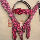 HILASON WESTERN LEATHER HORSE HEADSTALL BREAST COLLAR MAHOGANY PINK HAND PAINT