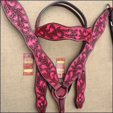 HILASON WESTERN LEATHER HORSE HEADSTALL BREAST COLLAR MAHOGANY PINK HAND PAINT