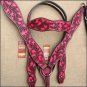 HILASON WESTERN LEATHER HORSE HEADSTALL BREAST COLLAR MAHOGANY PINK HAND PAINT