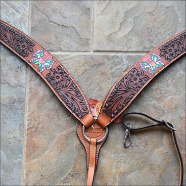 S8 NEW HILASON WESTERN LEATHER HORSE BREAST COLLAR BROWN W/ HAND PAINT BUTTERFLY