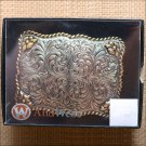 WESTERN RECTANGLE SCALLOPED MOTIF BELT BUCKLE WITH ROPE EDGE & FLOWERS