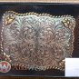 WESTERN RECTANGLE SCALLOPED MOTIF BELT BUCKLE WITH ROPE EDGE & FLOWERS