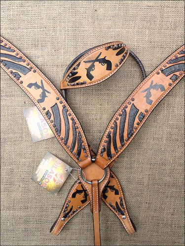 S7 HILASON WESTERN LEATHER HORSE ONE EAR HEADSTALL BREAST COLLAR BLACK CROSS GUN