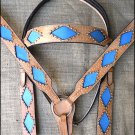 WESTERN LEATHER HORSE BRIDLE HEADSTALL BREAST COLLAR TAN W/ BLUE INLAY