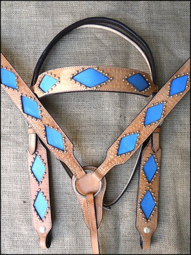 WESTERN LEATHER HORSE BRIDLE HEADSTALL BREAST COLLAR TAN W/ BLUE INLAY