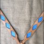 WESTERN LEATHER HORSE BRIDLE HEADSTALL BREAST COLLAR TAN W/ BLUE INLAY
