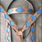 WESTERN LEATHER HORSE BRIDLE HEADSTALL BREAST COLLAR TAN W/ BLUE INLAY