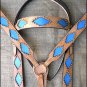 WESTERN LEATHER HORSE BRIDLE HEADSTALL BREAST COLLAR TAN W/ BLUE INLAY