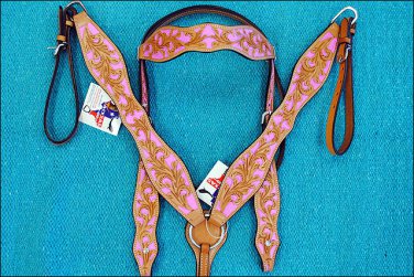 NEW HILASON WESTERN LEATHER HORSE BRIDLE HEADSTALL BREAST COLLAR W/ PINK INLAY