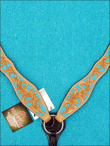 NEW HILASON WESTERN LEATHER HORSE BREAST COLLAR W/ TURQUOISE HAND PAINT INLAY