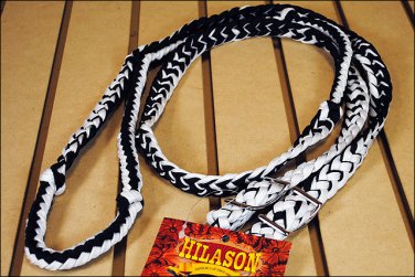 BLACK WHITE BRAIDED POLY BARREL RACING CONTEST REINS FLAT W/EASY GRIP KNOTS 1 IN