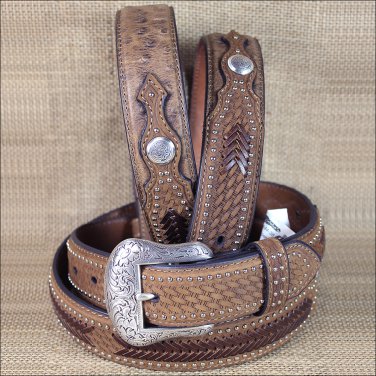 42 INCH WESTERN NOCONA CONCHOS LEATHER MENS BELT OSTRICH TAN OVERLAY