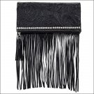 AMERICAN WEST BLACK LEATHER LADIES FOLDED FRINGE CLUTCH BAG HANDBAG PURSE