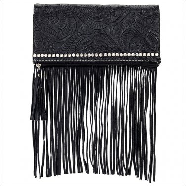 AMERICAN WEST BLACK LEATHER LADIES FOLDED FRINGE CLUTCH BAG HANDBAG PURSE