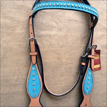 HILASON WESTERN LEATHER BRIDLE HEADSTALL TAN TURQUOISE w/ FRINGES