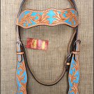 F224 HILASON WESTERN LEATHER HORSE BRIDLE HEADSTALL LIGHT OIL W/ TURQUOISE INLAY