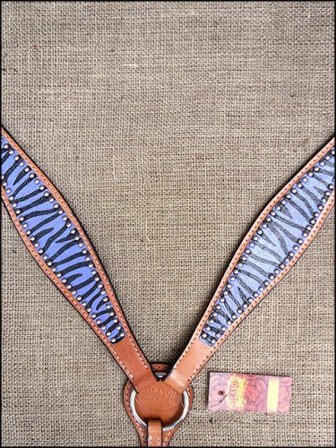 HILASON WESTERN LEATHER HORSE BREAST COLLAR HAND PAINT PURPLE ZEBRA