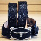 34in. JUSTIN CLASSIC WESTERN GENUINE LEATHER MEN BELT WITH LONGHORN BUCKLE BLACK